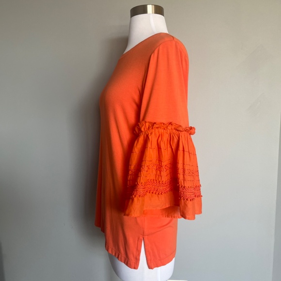 KOBI HALPERIN Embroidered Ruffle Flutter Bell Sleeve Jersey Top Blouse Tangerine - Picture 7 of 16